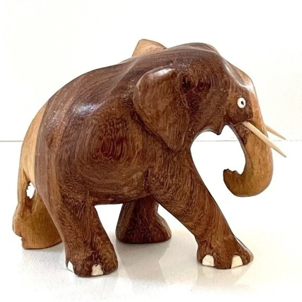 Hand Carved Tan Wood Elephant Statue 4